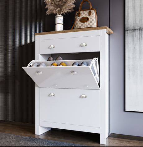 White entryway shoe storage cabinet with flip drawers and wooden top