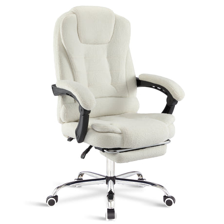 Elegant white fur office chair with a high back, offering luxurious comfort and style.