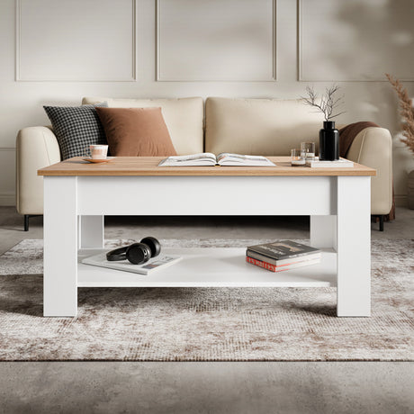 [White + Pine] Lift Top Storage Coffee Table in white with pine finish, 120cm wide, featuring hidden lift-up storage and lower shelf, ideal for modern UK living rooms.