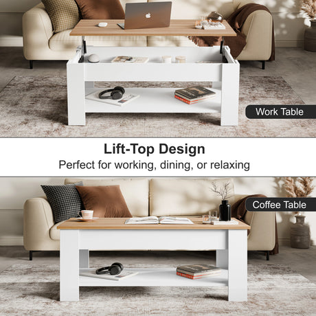 [White + Pine] Lift Top Storage Coffee Table in white and pine finish, shown in raised position as a work table with laptop and accessories. Ideal for modern UK homes.
