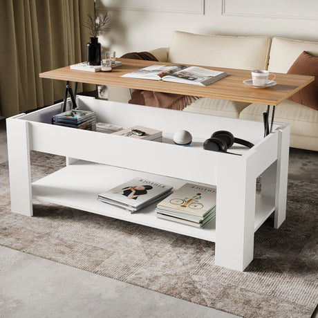 [White + Pine] Lift Top Storage Coffee Table in white with pine finish top, 120cm wide, featuring hidden compartment and lower shelf for magazines and accessories.