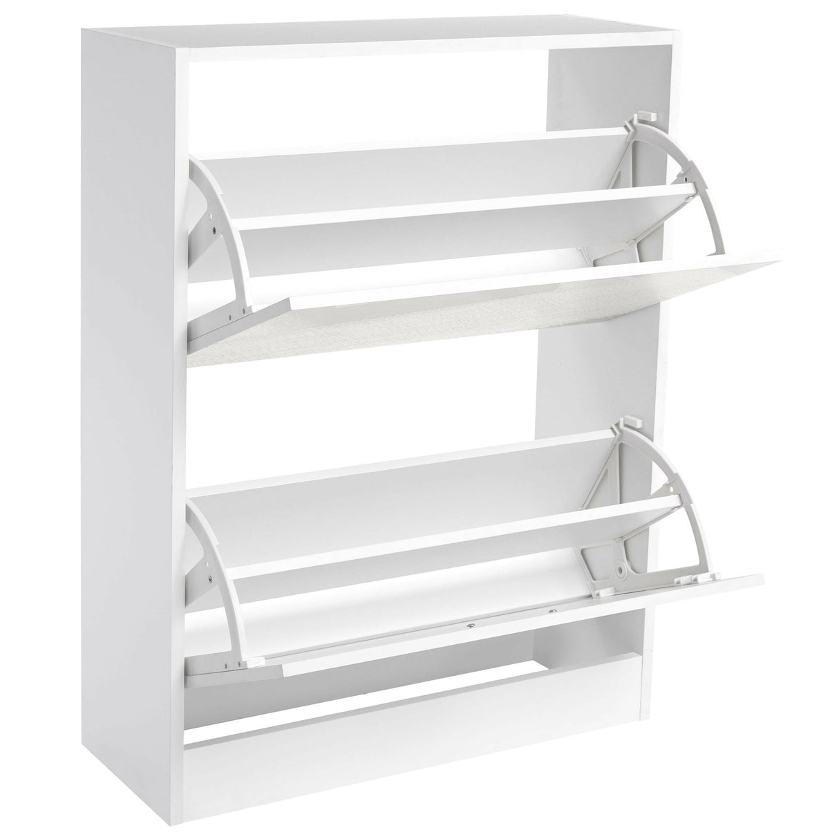 White shoe storage hallway cabinet with multiple compartments and open shelves