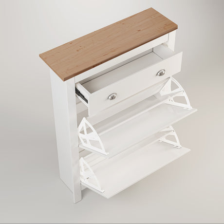 White shoe cabinet with oak top and open drawers, displaying shelves for organized shoe storage