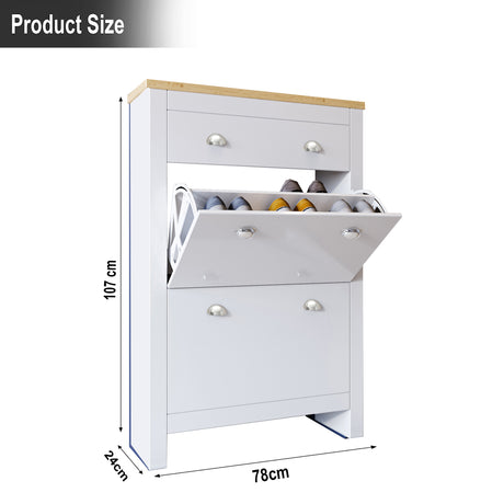 White shoe cabinet with bamboo top, featuring flip-up compartments and product size dimensions