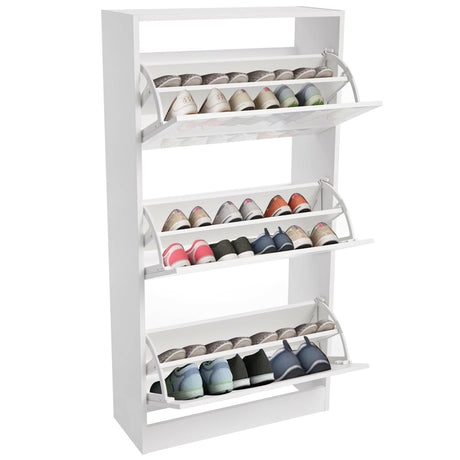 White shoe rack with multiple shelves and adjustable compartments for shoe storage