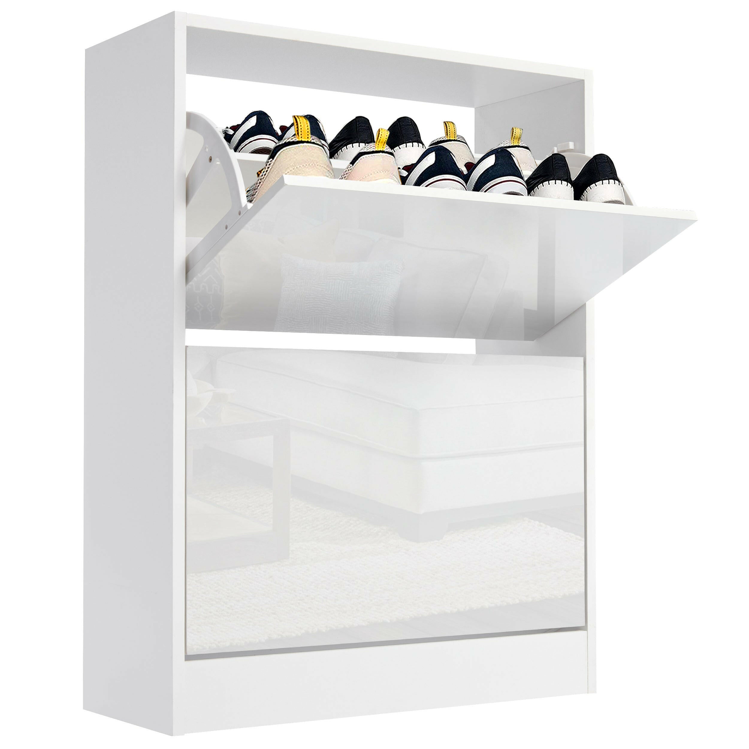 White shoe storage cabinet with top compartment and clear front panel