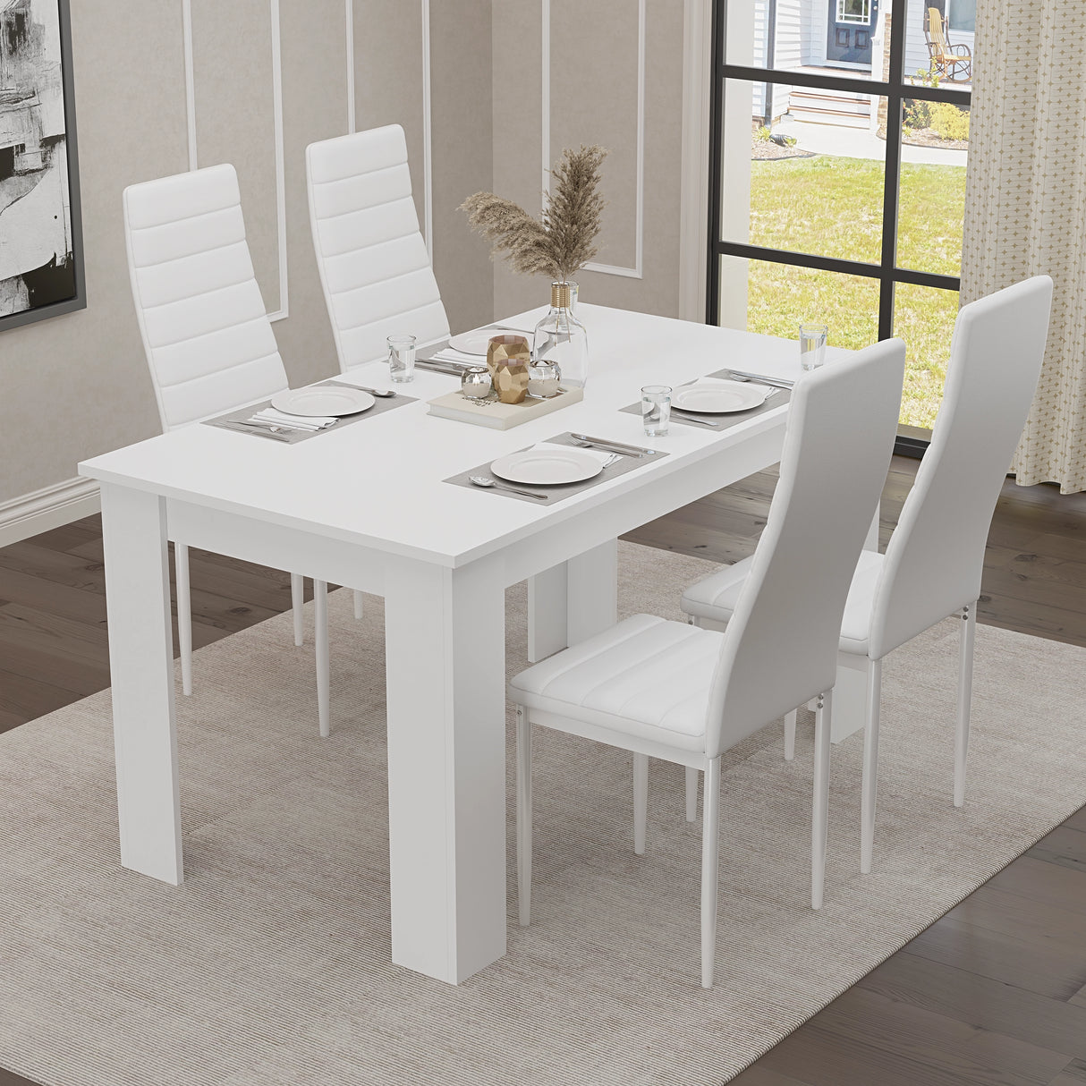Minimalist Dining Set For 4 With Padded Chairs – Compact White Table