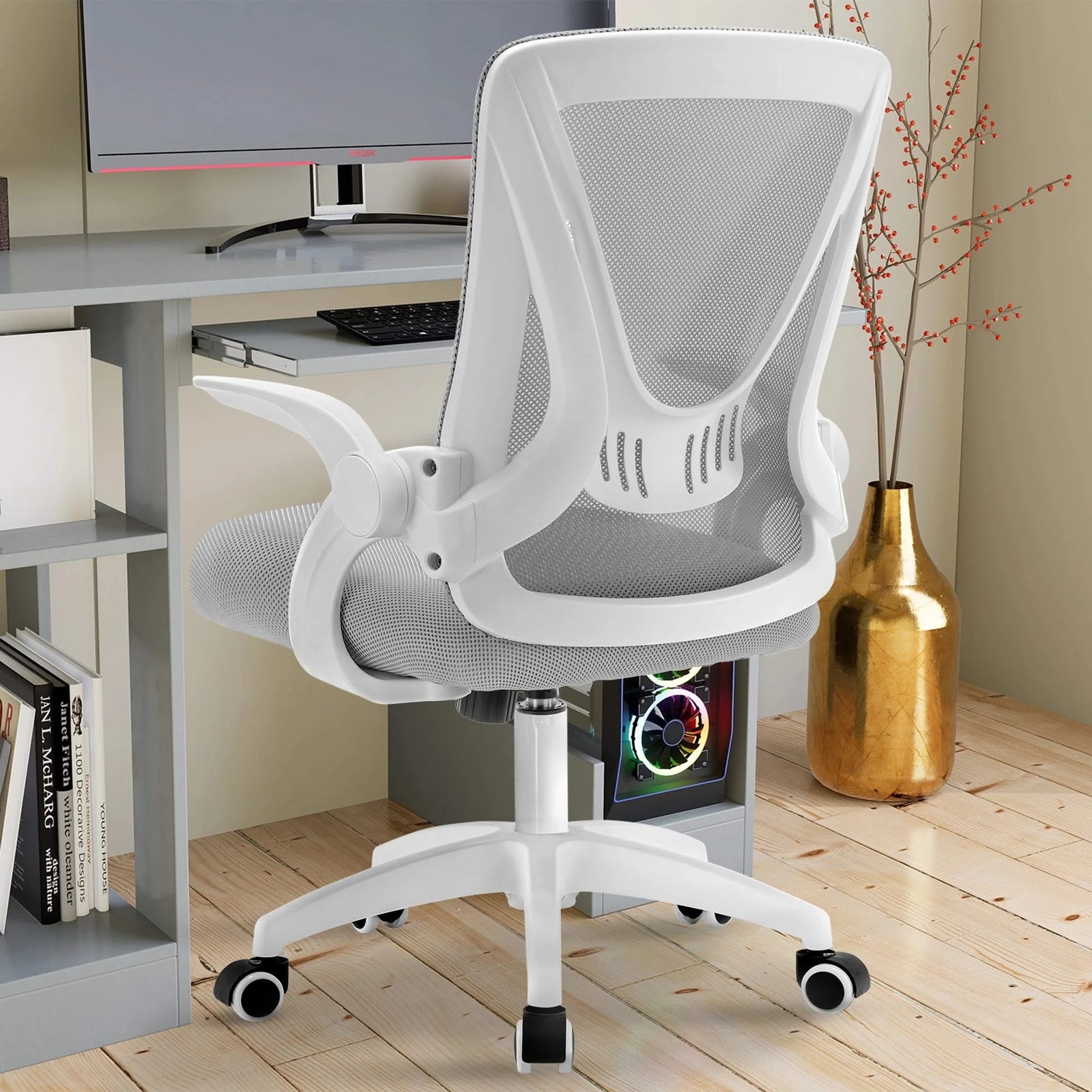 [White + Grey] Grey comfortable chair with breathable mesh backrest, offering ergonomic seating at your PC workstation.
