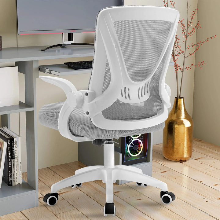 [White + Grey] Grey comfortable chair with breathable mesh backrest, offering ergonomic seating at your PC workstation.
