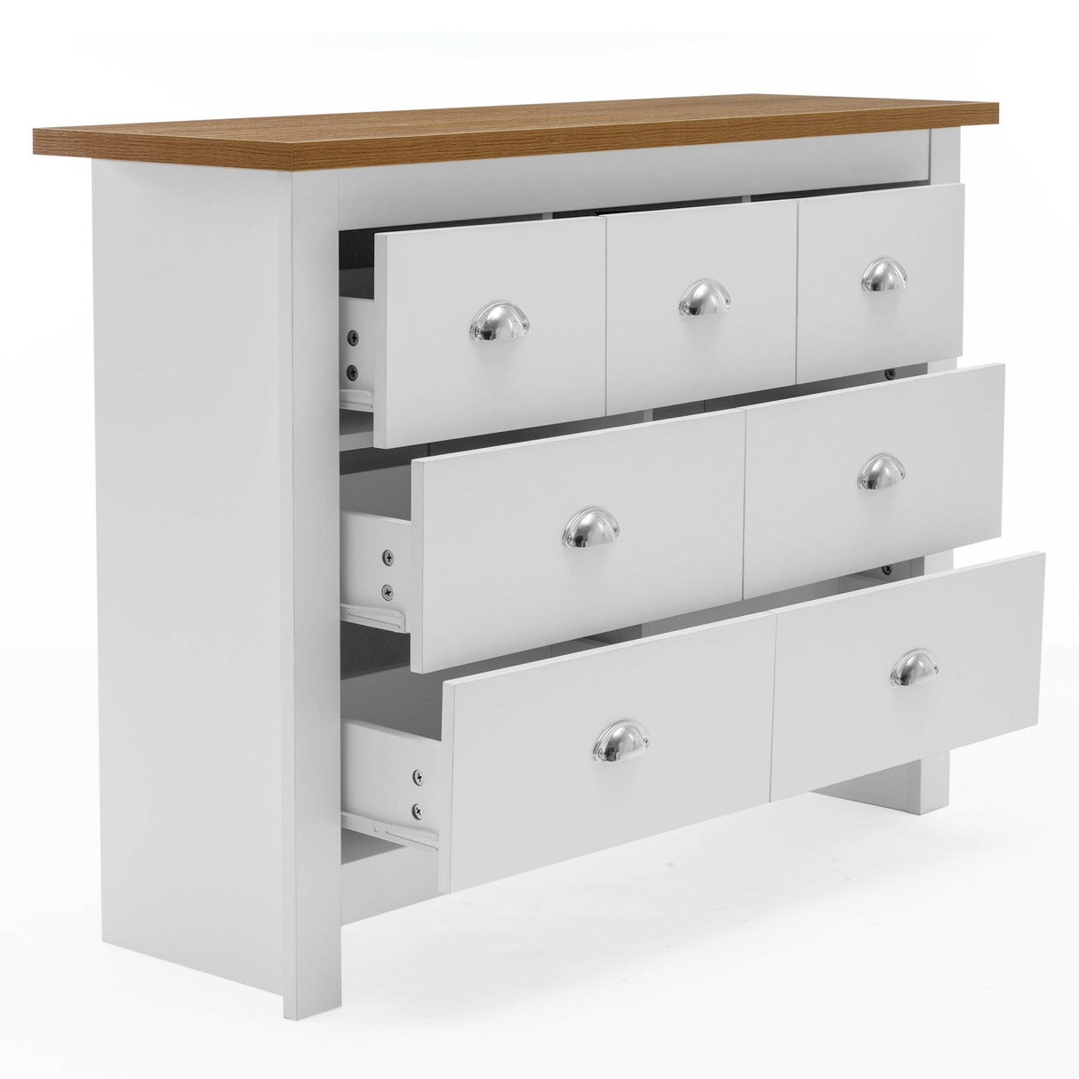 White chest of drawers with oak top, open drawers showcasing spacious storage compartments.