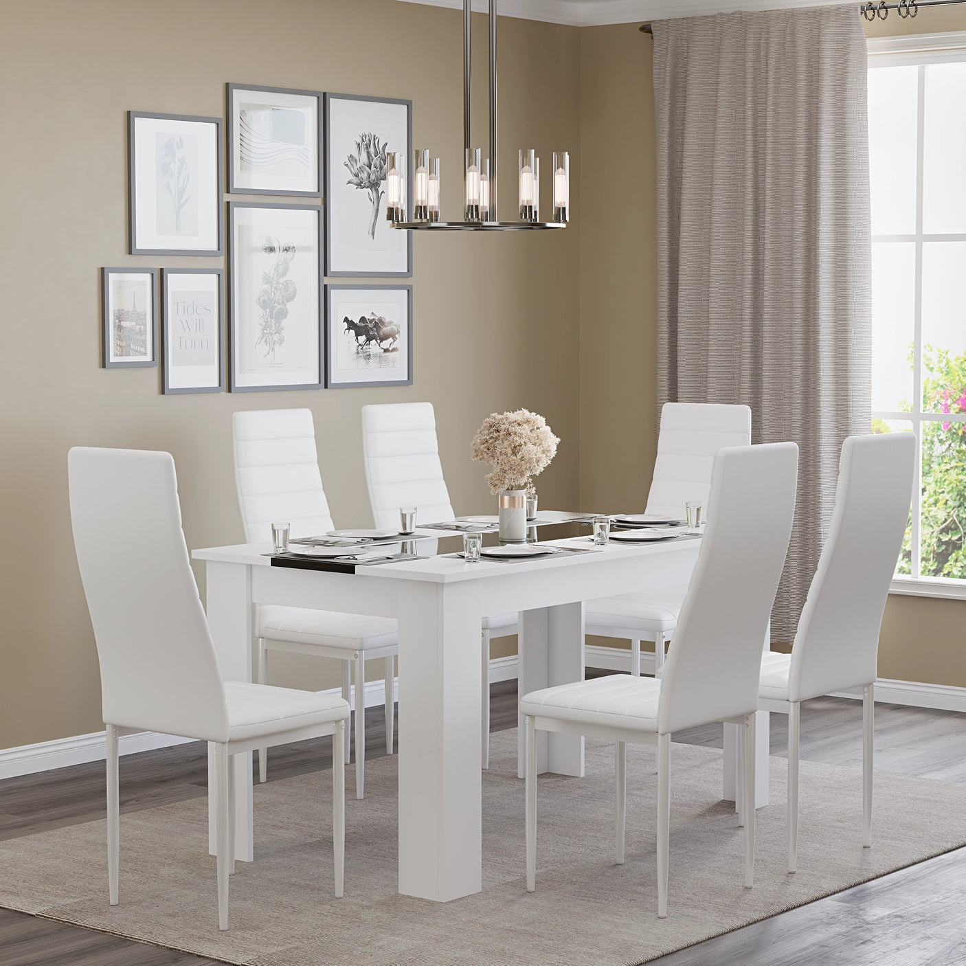 Elegant white dining table set with white padded chairs, perfect for stylish 6 seater dining spaces.