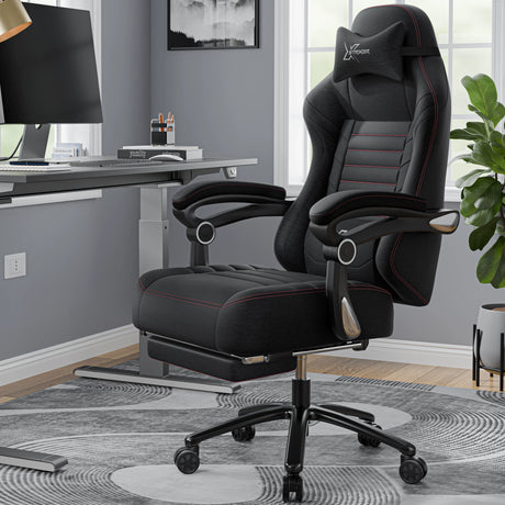 Black office chair with red accents in a home office setting