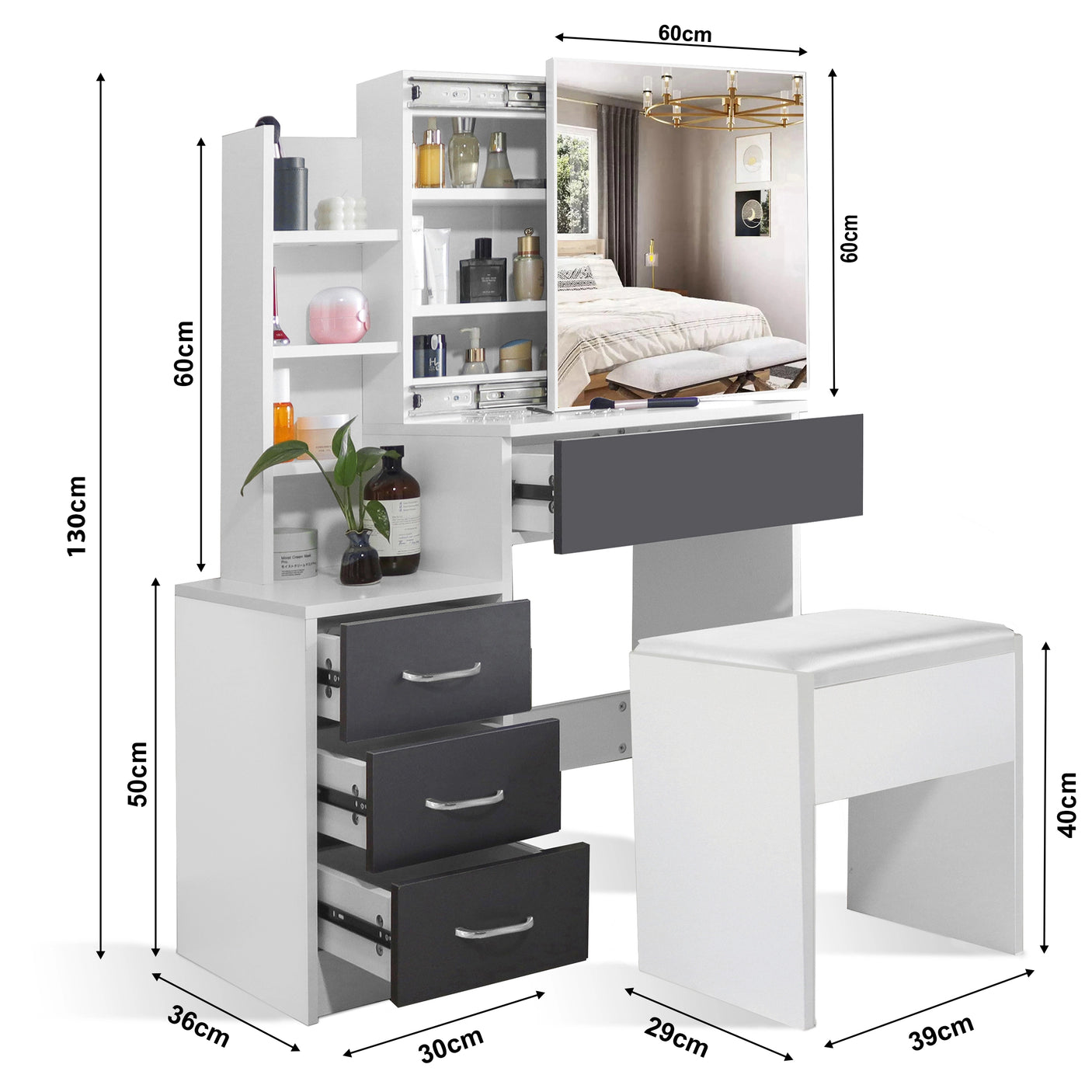Dressing Table with Storage, Drawers and Mirror - Vanity Makeup Table