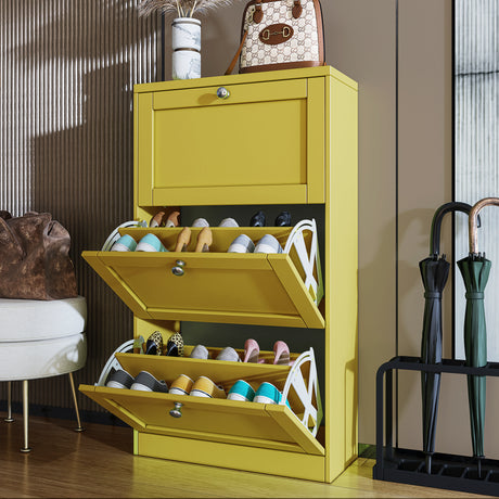 Modern Yellow shoe cabinet with doors, vibrant storage solution, modern shoe organizer