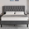 Grey velvet bed frame in king size with adjustable chesterfield headboard, ideal for modern bedrooms. Available at DHS with free UK delivery.