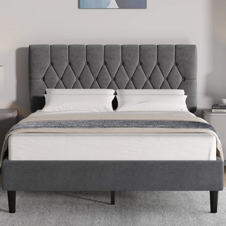 Grey velvet bed frame in king size with adjustable chesterfield headboard, ideal for modern bedrooms. Available at DHS with free UK delivery.