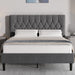 Grey velvet bed frame in king size with adjustable chesterfield headboard, ideal for modern bedrooms. Available at DHS with free UK delivery.