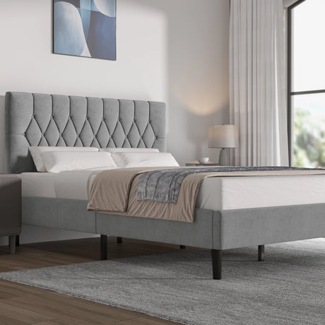 Grey velvet bed frame in double size with adjustable chesterfield headboard, modern design for stylish bedrooms. Available at DHS Furniture UK.
