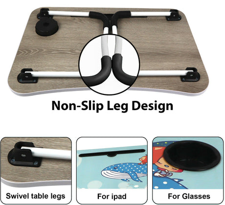 Adjustable desks for home office with non-slip leg design, swivel legs, tablet slot.