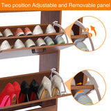 Adjustable dividers are visible in this wooden shoe storage cabinet’s pull-down drawers, perfect for boots and heels.