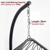 Hanging chair with adjustable height chain and load-bearing capacity details on a white background