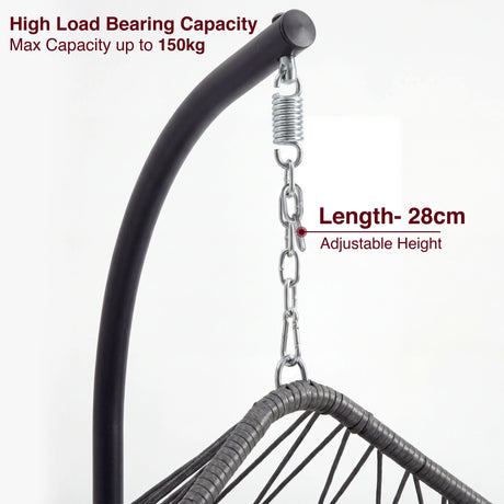 Hanging chair with adjustable height chain and load-bearing capacity details on a white background