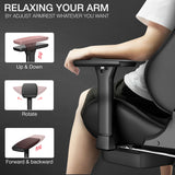 [Black + White] Graphic showing the up and down, rotation, and forward and backward adjustments of the gaming chair armrest.