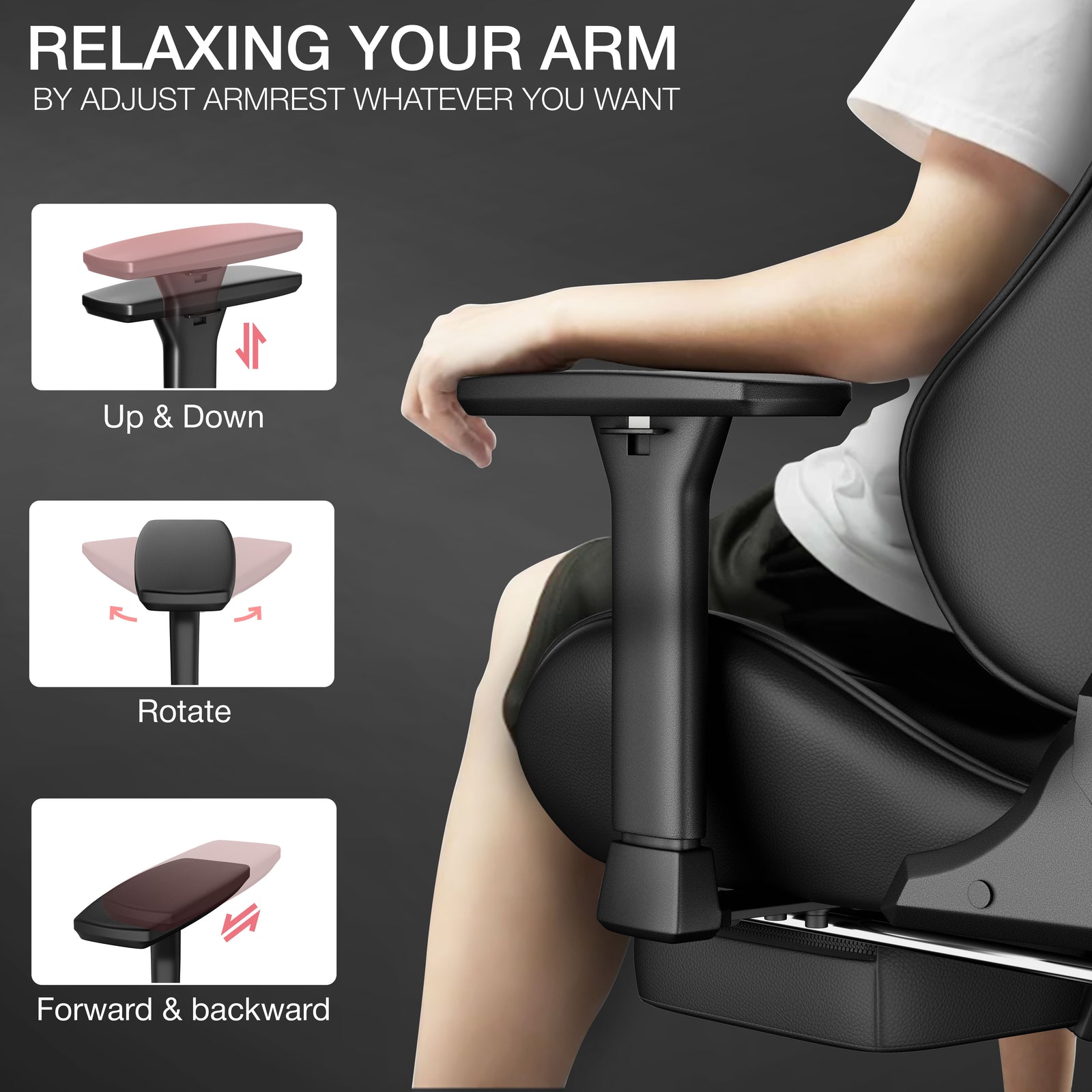 [Black + White] Graphic showing the up and down, rotation, and forward and backward adjustments of the gaming chair armrest.