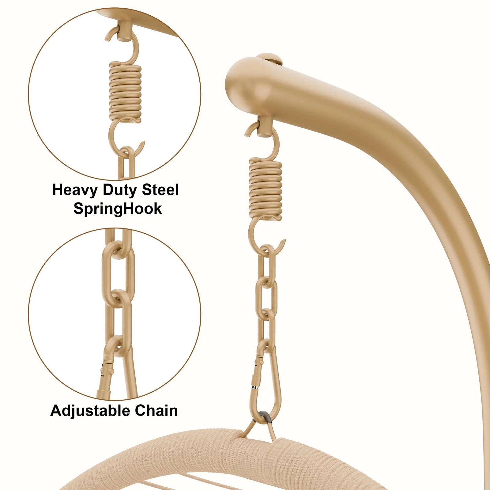 [Beige] Adjustable hanging egg chair with heavy-duty steel spring hook for secure and flexible suspension.