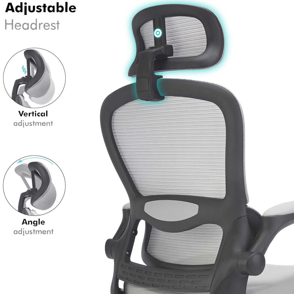 Grey ergonomic office chair with adjustable headrest and lumbar support