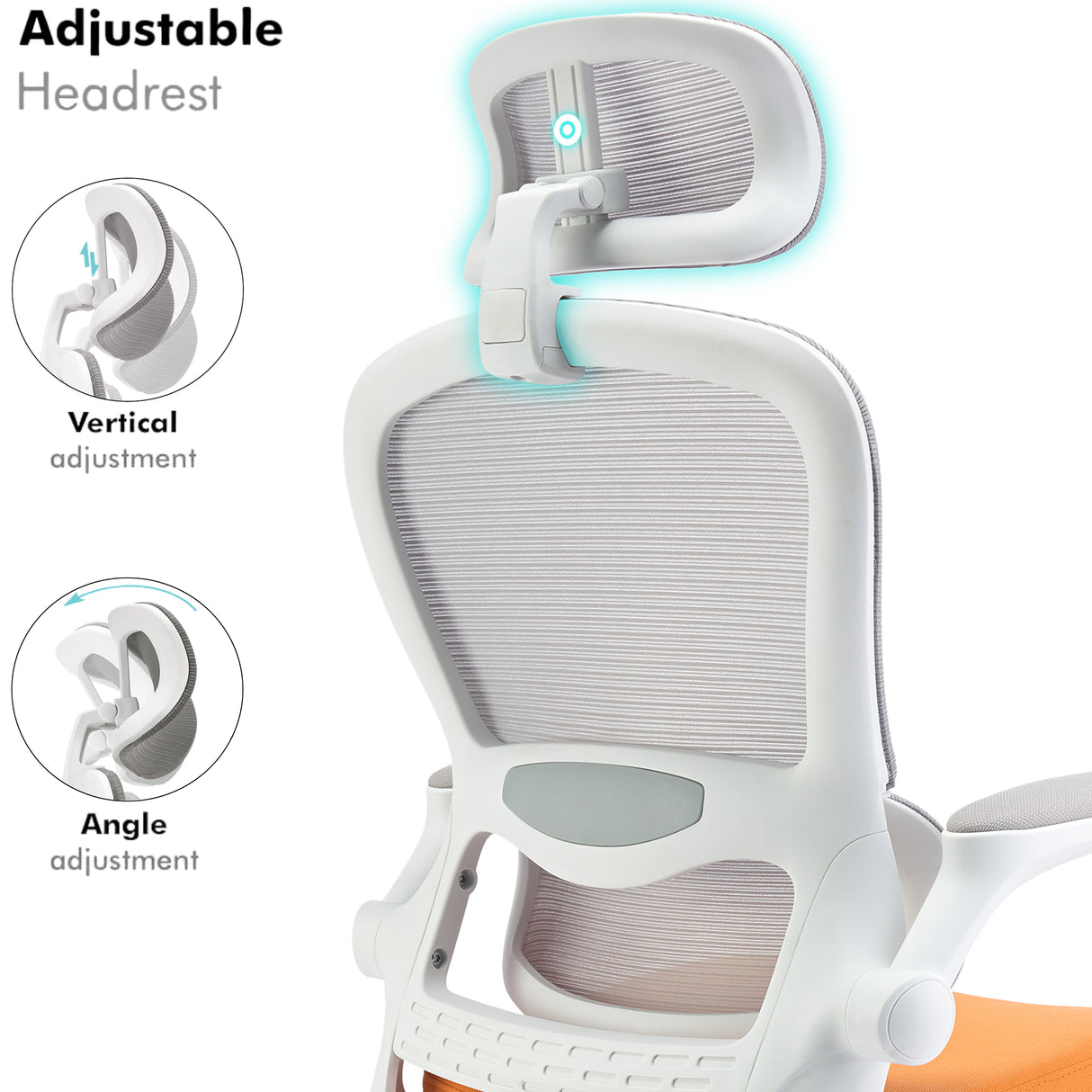 Adjustable headrest orange office chair with ergonomic support and modern design.