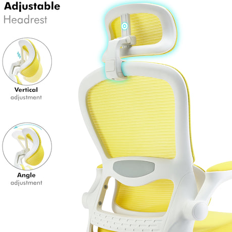 Adjustable headrest yellow office chair with ergonomic design for superior neck support.