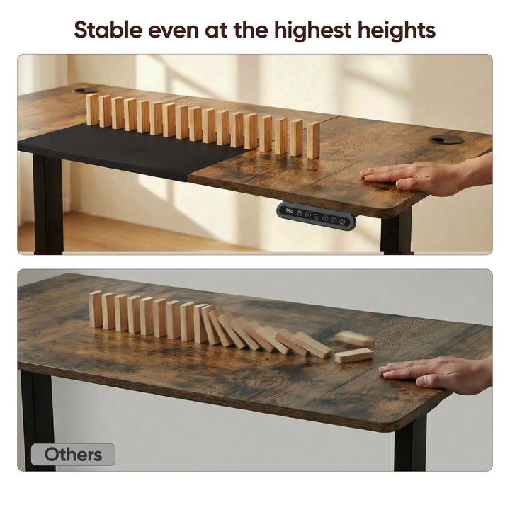 [160cm x 70cm] Anti-wobble shot of 160x70 rustic adjustable desk, dominoes upright while rival desk knocks them
