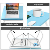 Adjustable height laptop table with cup holder, foldable design, and anti-slip baffle.