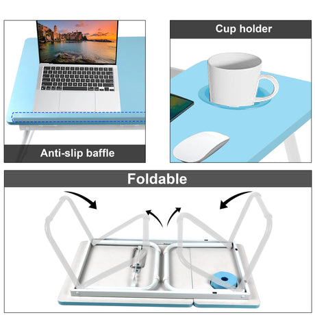 Adjustable height laptop table with cup holder, foldable design, and anti-slip baffle.