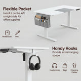 White Electric Standing Desk with flexible side pocket and handy hooks for organizing headphones, bags, and office supplies.