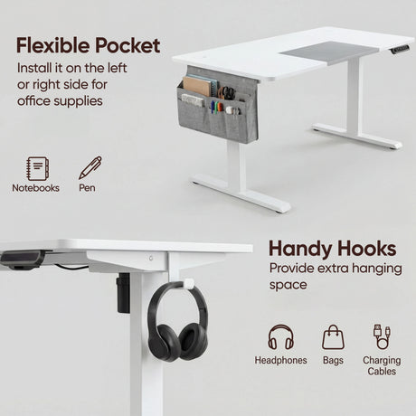 White Electric Standing Desk with flexible side pocket and handy hooks for organizing headphones, bags, and office supplies.