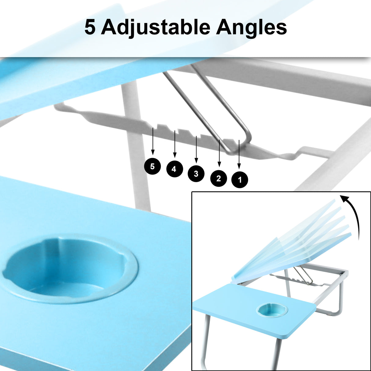 Blue adjustable laptop bed table with 5 angles, ideal for relaxed and comfortable use.