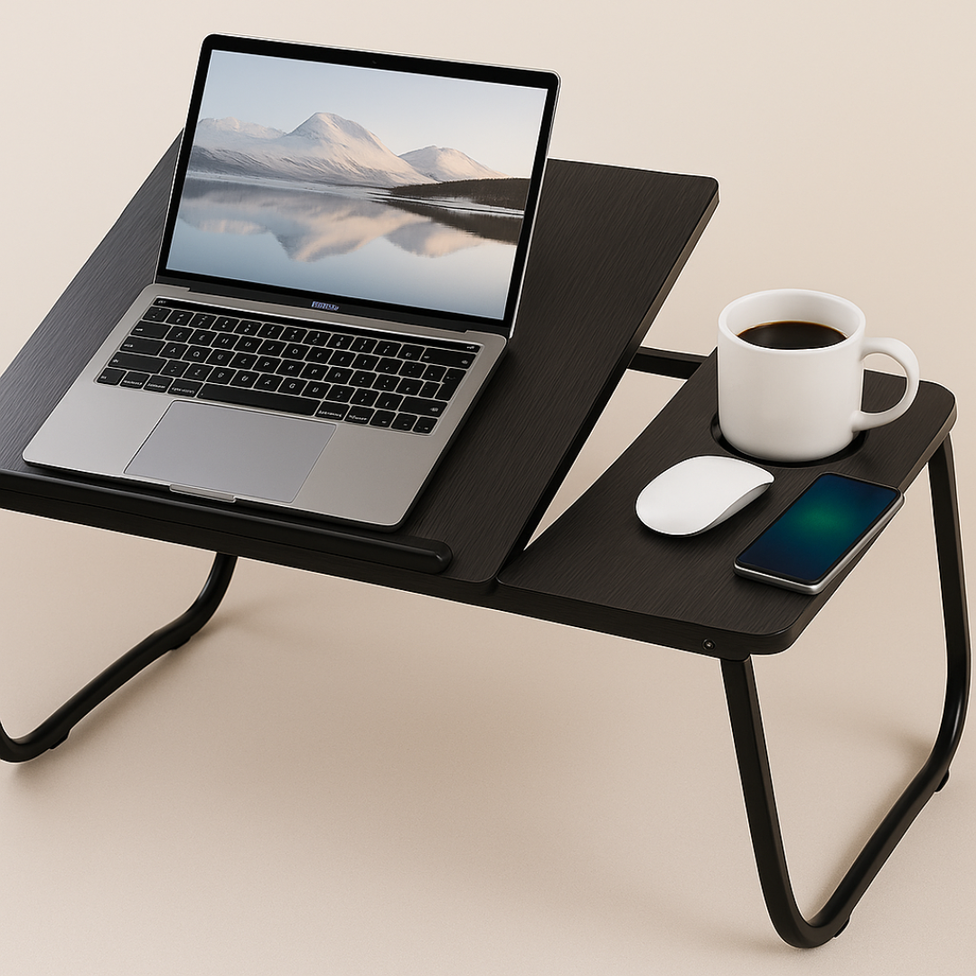 Ergonomic adjustable laptop table for home office, bed & couch use – sturdy & portable.