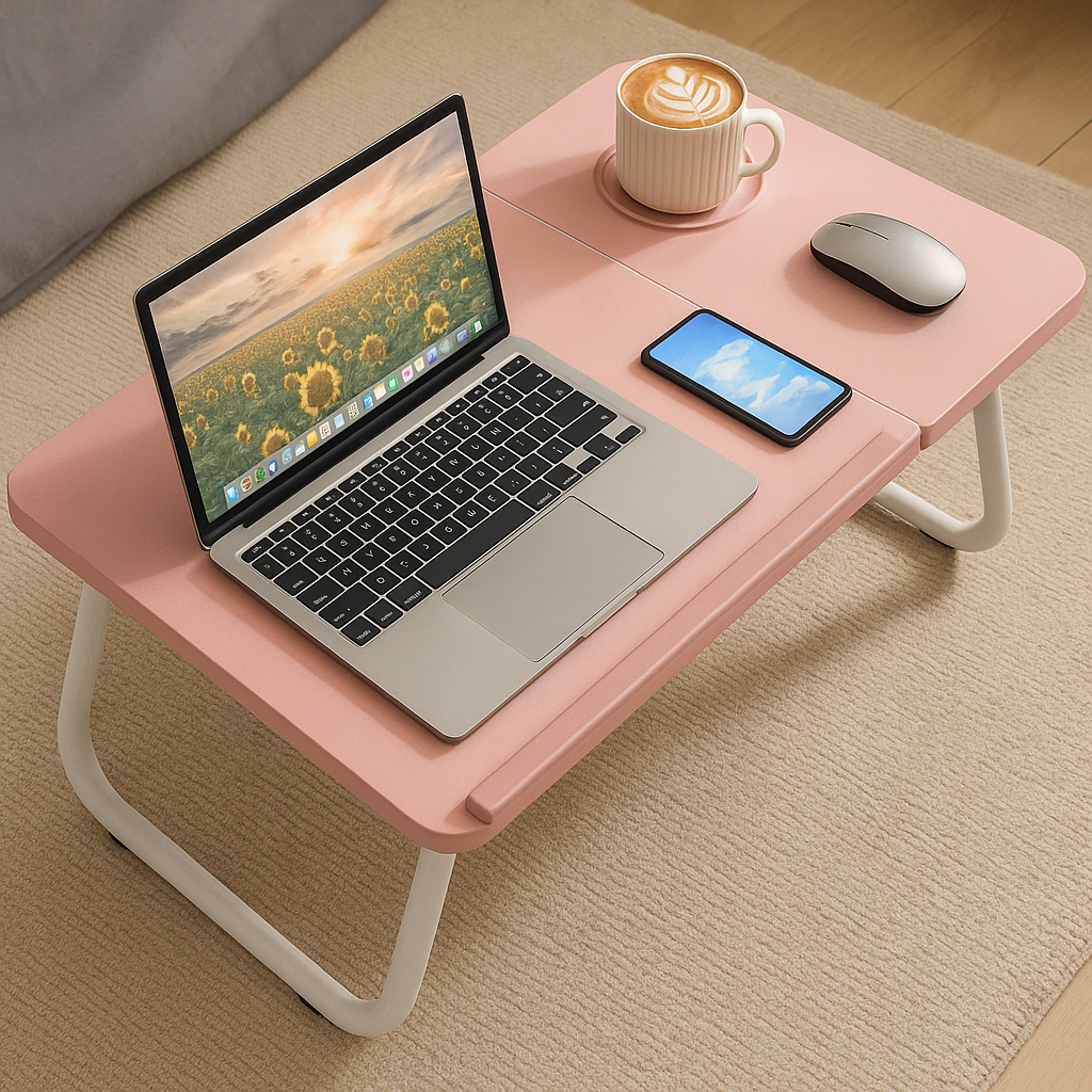Adjustable portable pink bed laptop table, perfect for working, reading, or relaxing with your laptop in bed or on the sofa.