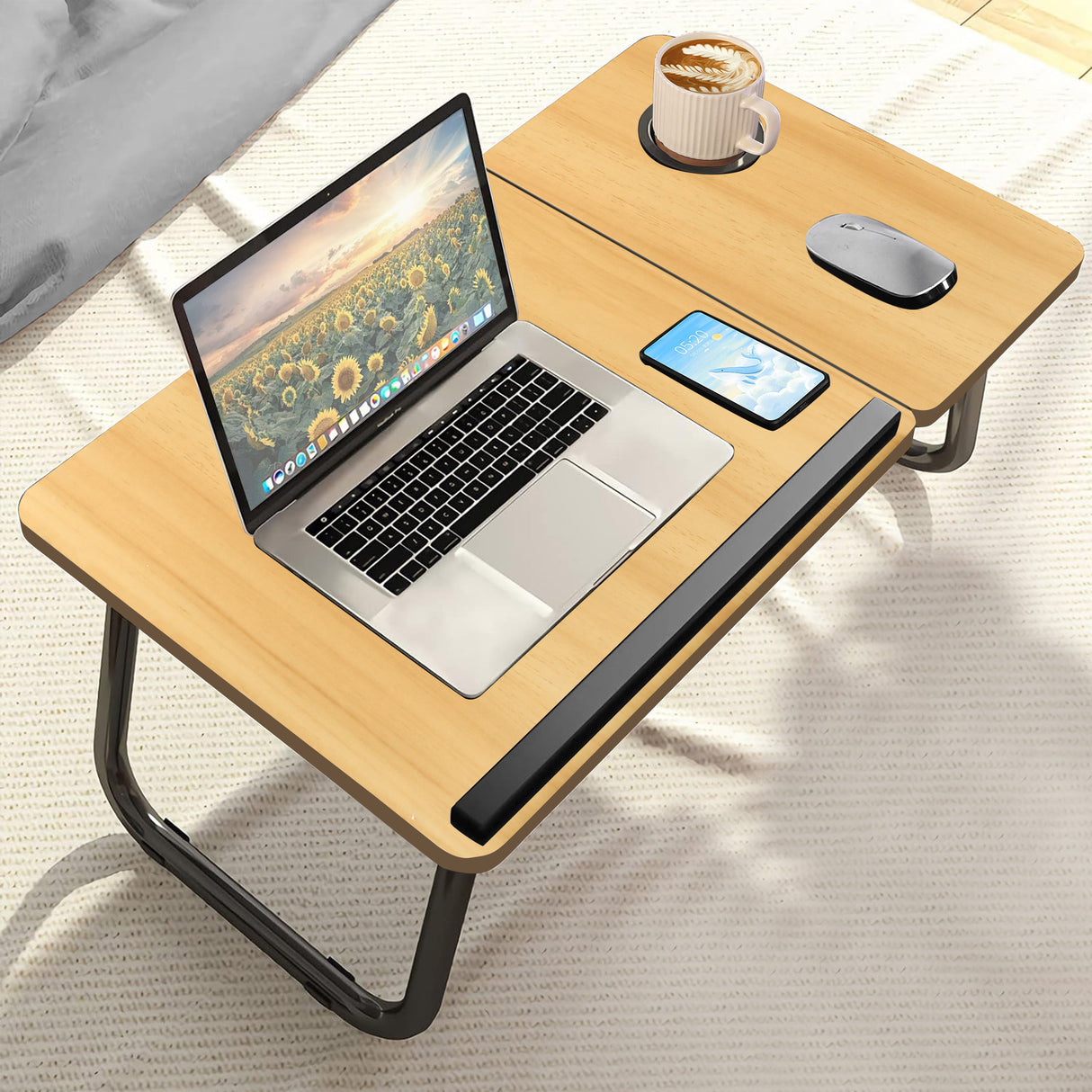 Adjustable portable laptop table stand in pine wood, ergonomic, and space-saving design.