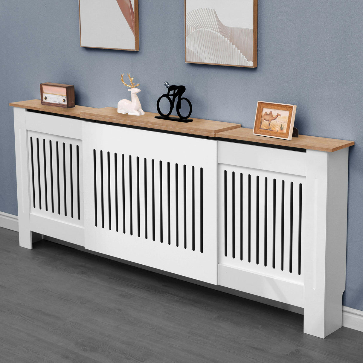 Adjustable radiator cover with white vertical slats and a wooden top shelf.