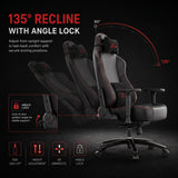 [Black] Diagram demonstrating the 135-degree recline with angle lock capabilities of the ergonomic chair.