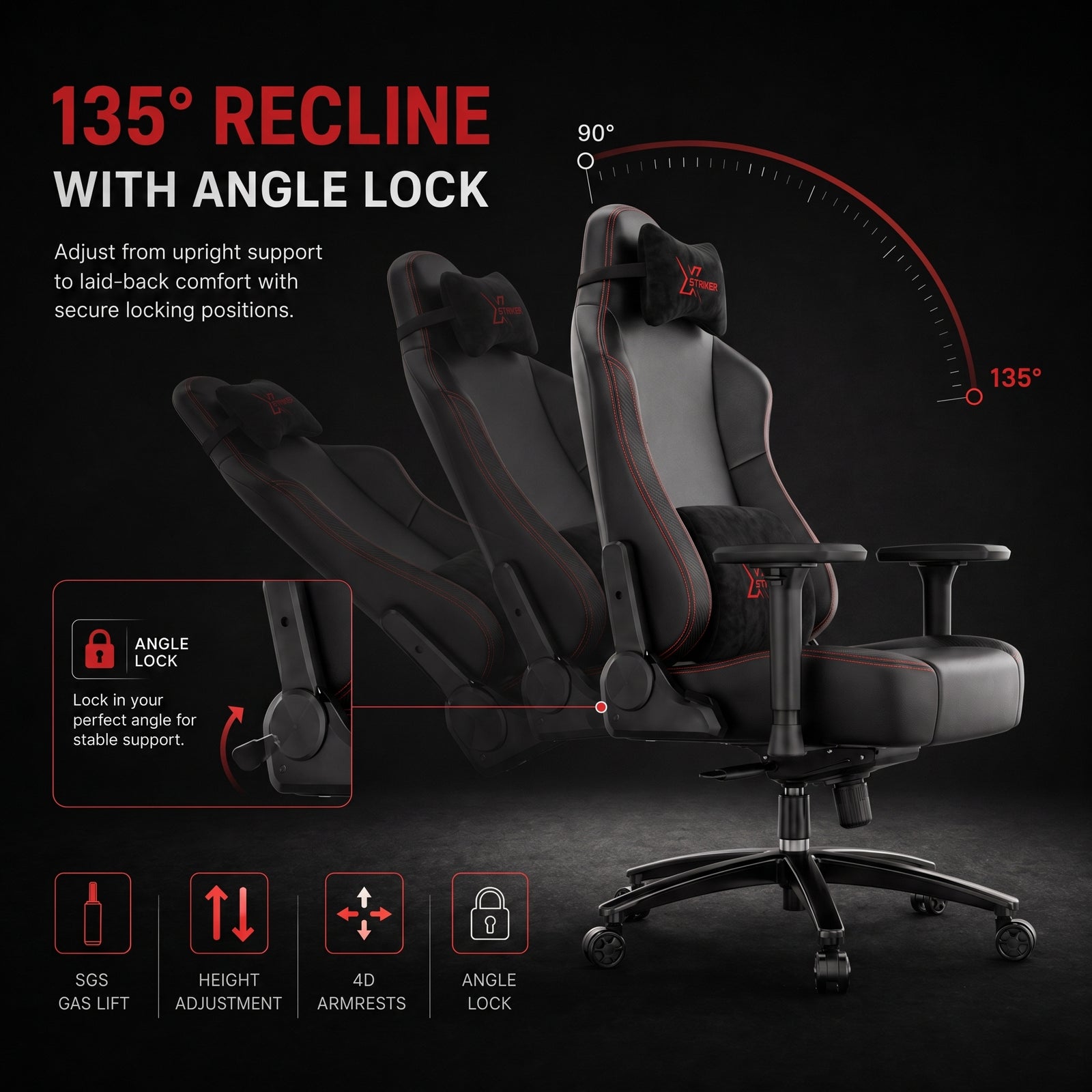 [Black] Diagram demonstrating the 135-degree recline with angle lock capabilities of the ergonomic chair.
