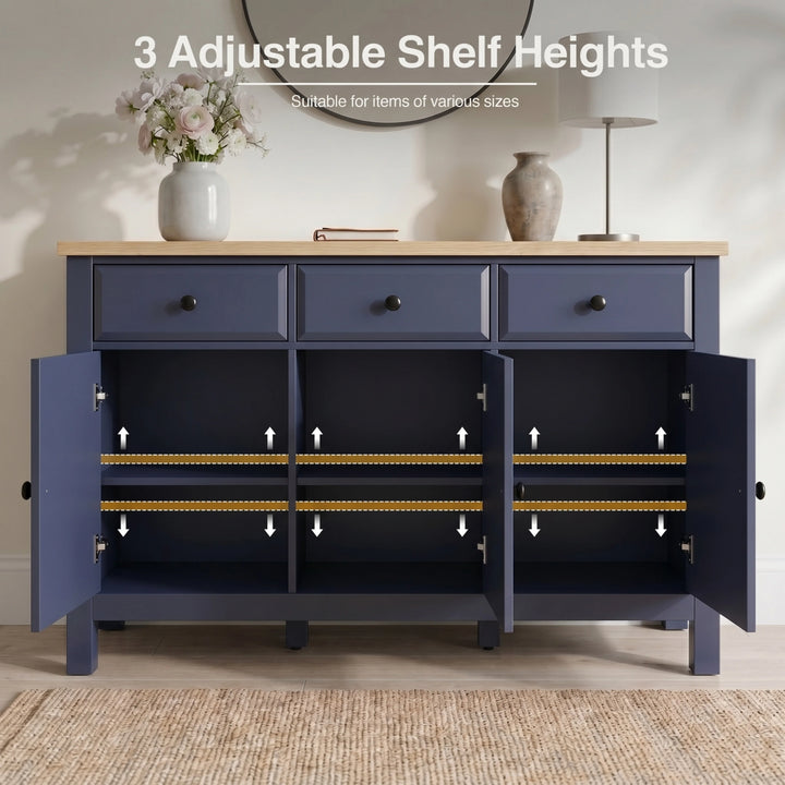 [Blue] Blue 3 Door Sideboard with 3 Drawers, 135cm Oak Veneer Top showing three adjustable shelf heights.