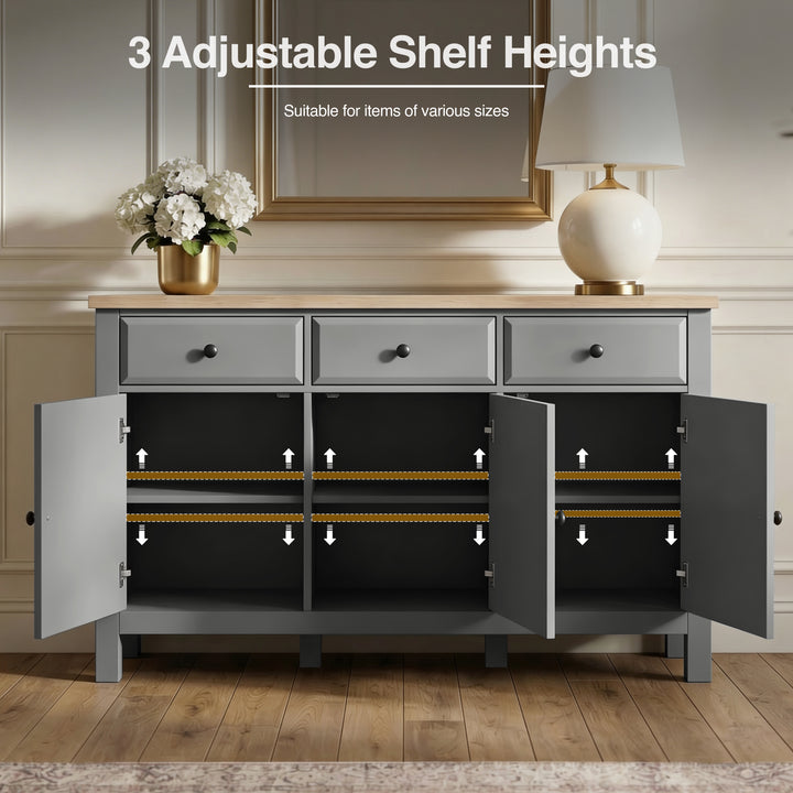 [Grey] Haven Large Black Sideboard with Drawers & Oak Top showing three adjustable shelf heights.