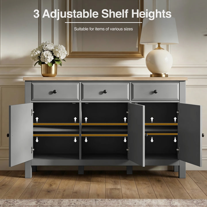 [Grey] Haven Large Black Sideboard with Drawers & Oak Top showing three adjustable shelf heights.