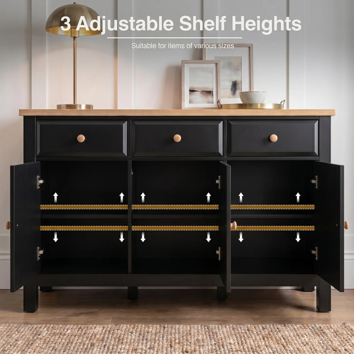 [Black] Haven Large Black Sideboard with Drawers & Oak Top, Painted Finish diagram demonstrating its three adjustable shelf heights.