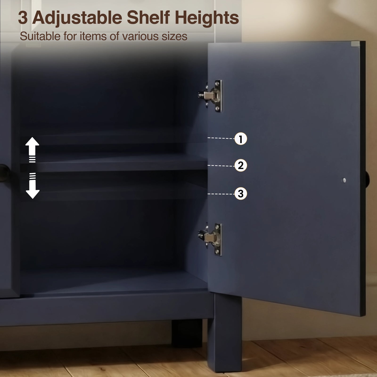[Blue] Haven Small Blue Sideboard with Drawers & Oak Top, Painted Finish close-up diagram detailing three adjustable shelf heights.