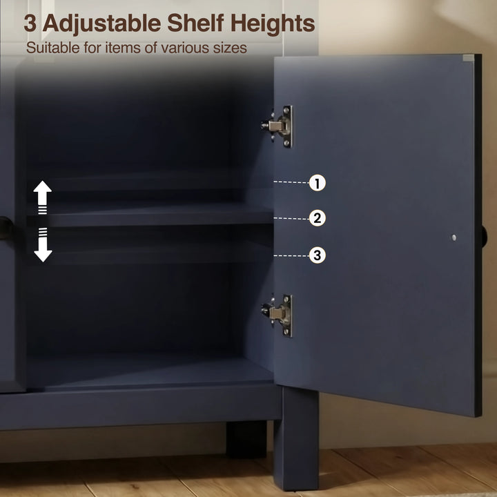 [Blue] Haven Small Blue Sideboard with Drawers & Oak Top, Painted Finish close-up diagram detailing three adjustable shelf heights.